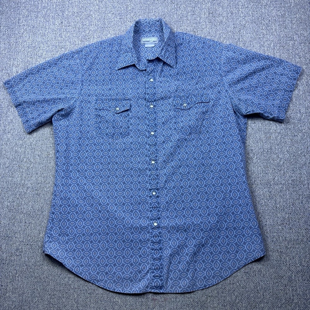 Wrangler Wrancher Men's Pearl Snap Shirt Short Sleeve Blue Geometric Diamond
